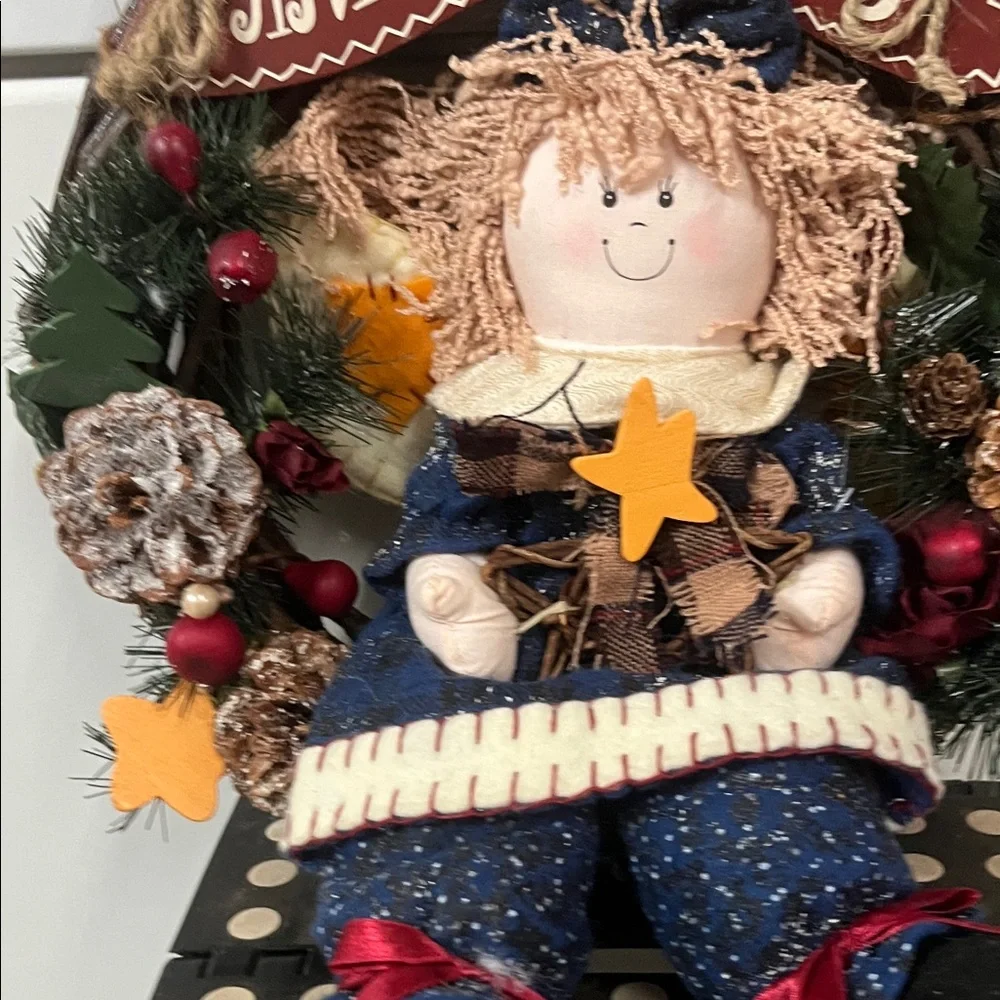 Festive Holiday Wreath with Doll - Blue and Red